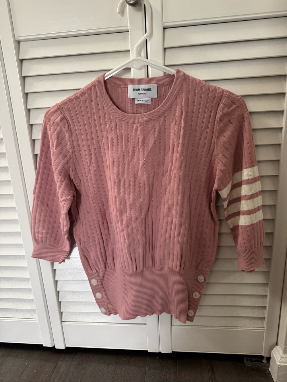 Thom Browne Dusty Pink Ribbed Knit Top with White Sleeve Stripes